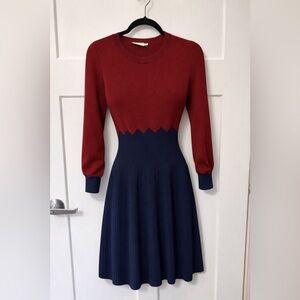 Tory Burch Red and Navy Long-Sleeve Fit-and-Flare Knit Dress
